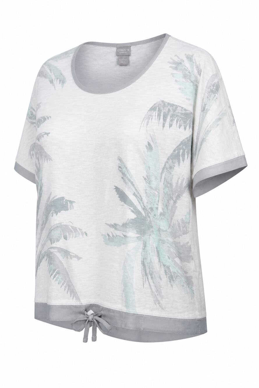 Chico’s Zenergy Palm Print Top SZ 12/14 White Tie Hem Cotton Resort Tropical